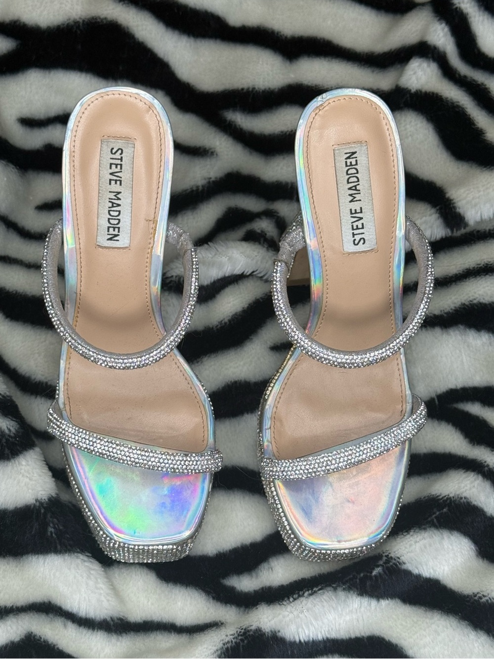 Steve Madden Iridescent Crystal-Strap Heeled Sandals - Silver